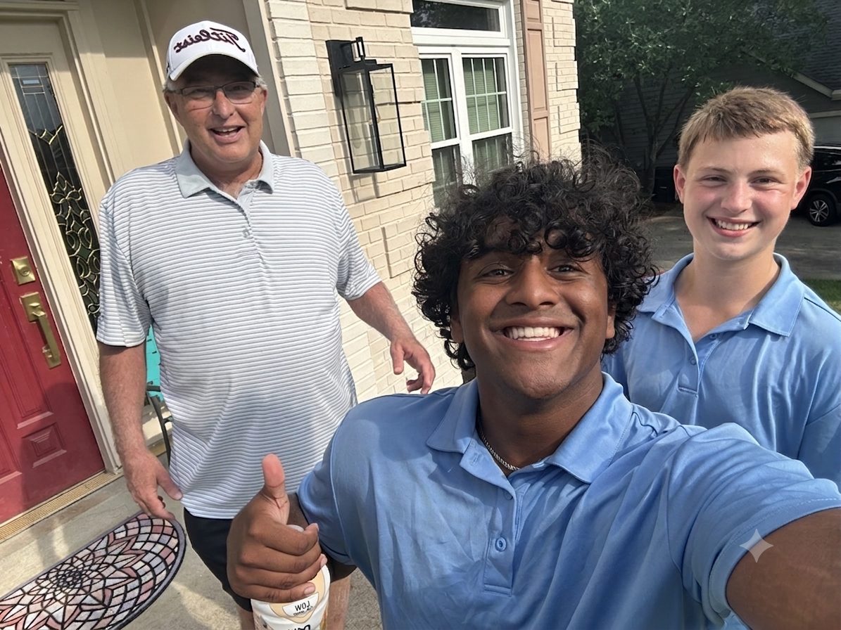 Mehaan and team with a homeowner on the front porch